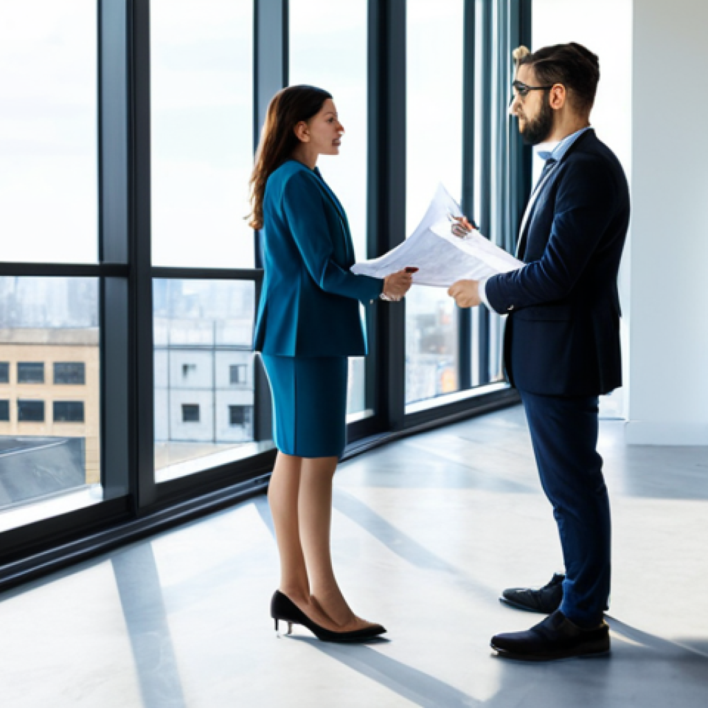 ** "A professional female architect in a fully clothed, modest business casual outfit, standing in a modern architectural office. She is reviewing blueprints with a colleague, both are wearing professional attire. Large windows offer a view of a cityscape during daylight. Perfect anatomy, correct proportions, well-formed hands, natural pose, safe for work, appropriate content, family-friendly, professional photography, high quality, bright lighting." **