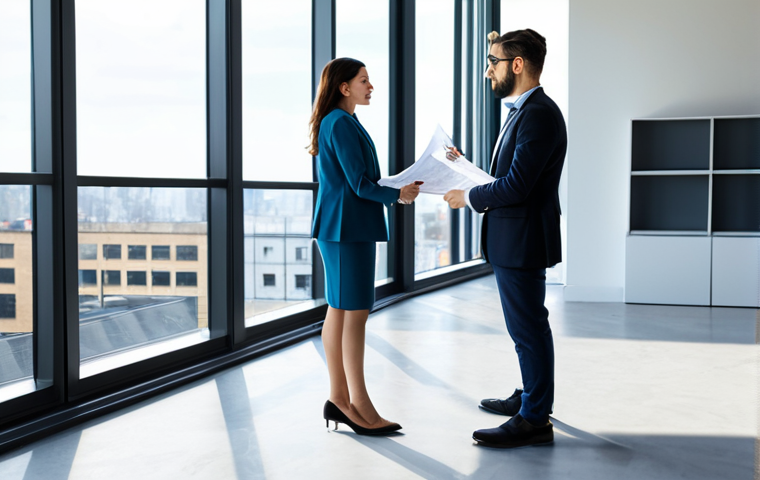 ** "A professional female architect in a fully clothed, modest business casual outfit, standing in a modern architectural office. She is reviewing blueprints with a colleague, both are wearing professional attire. Large windows offer a view of a cityscape during daylight. Perfect anatomy, correct proportions, well-formed hands, natural pose, safe for work, appropriate content, family-friendly, professional photography, high quality, bright lighting." **