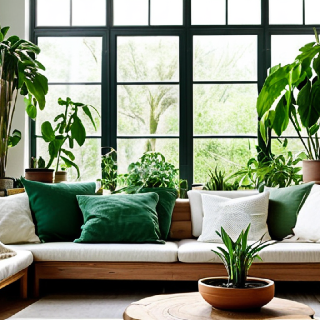 Natural Home Oasis** "A bright, airy living room filled with lush green plants in pots of various sizes. Sunlight streams through a large window. Sustainable wooden furniture and organic cotton textiles are visible. safe for work, appropriate content, fully clothed, professional, modest, perfect anatomy, natural proportions, well-formed hands, proper finger count, natural body proportions, high quality." **