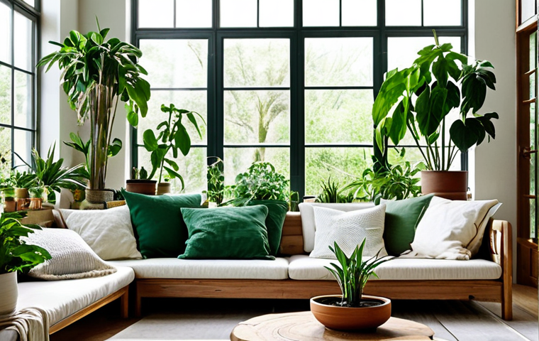 Natural Home Oasis** "A bright, airy living room filled with lush green plants in pots of various sizes. Sunlight streams through a large window. Sustainable wooden furniture and organic cotton textiles are visible. safe for work, appropriate content, fully clothed, professional, modest, perfect anatomy, natural proportions, well-formed hands, proper finger count, natural body proportions, high quality." **