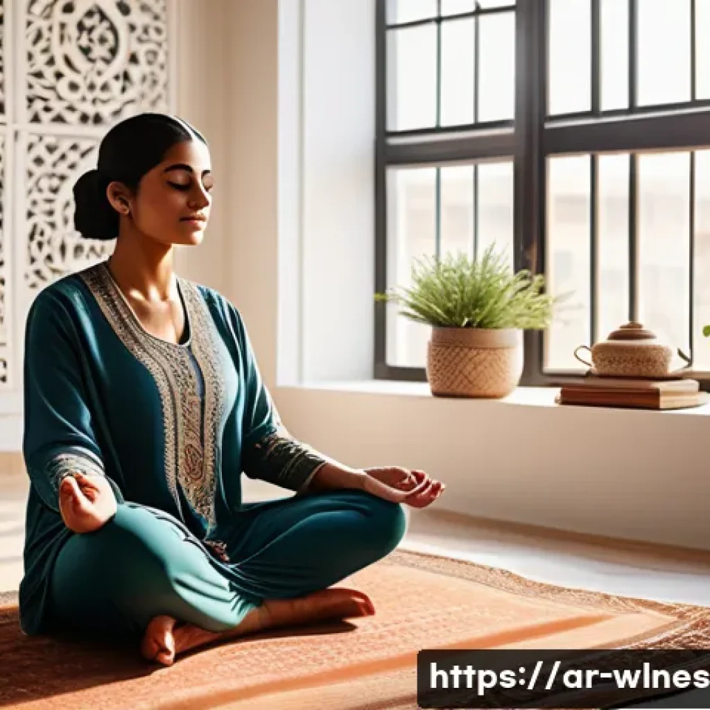 홀리스틱 웰니스 관련 최신 연구 결과 - A serene indoor scene of an Arabic woman practicing yoga and meditation in a sunlit room decorated w...