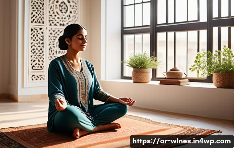 홀리스틱 웰니스 관련 최신 연구 결과 - A serene indoor scene of an Arabic woman practicing yoga and meditation in a sunlit room decorated w...