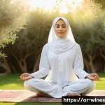 Home 22 홀리스틱 웰니스 체험 후기 - A serene Middle Eastern woman in modest, lightweight activewear practicing mindful meditation outdoo...