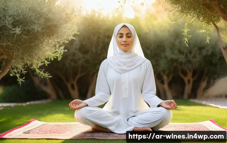 홀리스틱 웰니스 체험 후기 - A serene Middle Eastern woman in modest, lightweight activewear practicing mindful meditation outdoo...