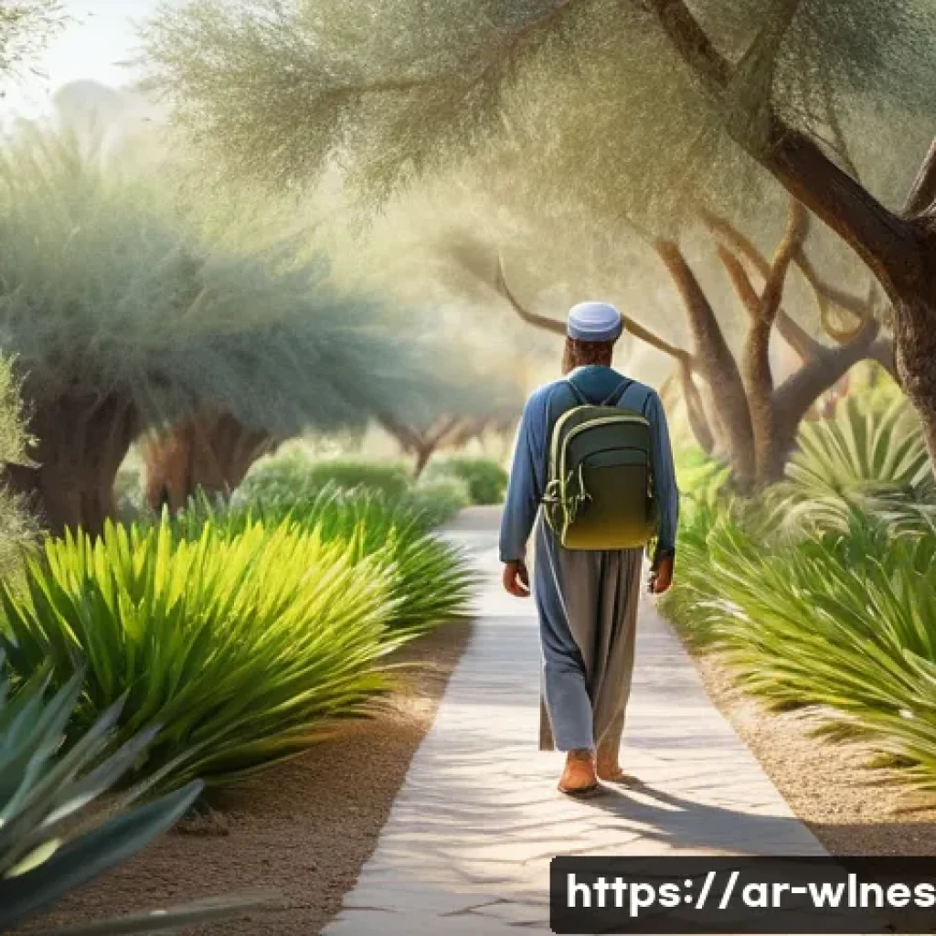 자연과의 연결이 주는 웰니스 효과 - A serene natural park scene in the early morning light, featuring a middle-aged Arab man calmly walk...