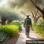 Home 21 자연과의 연결이 주는 웰니스 효과 - A serene natural park scene in the early morning light, featuring a middle-aged Arab man calmly walk...