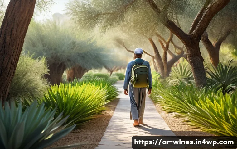 자연과의 연결이 주는 웰니스 효과 - A serene natural park scene in the early morning light, featuring a middle-aged Arab man calmly walk...
