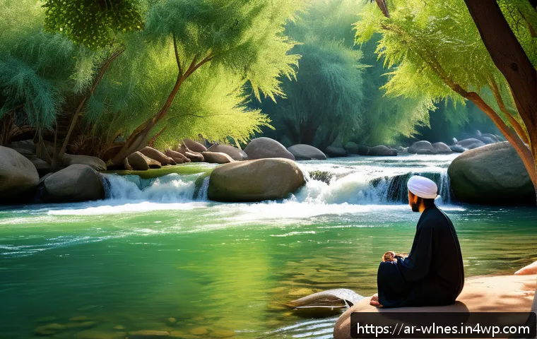 자연을 통한 심리 치료법 - A serene natural scene featuring a gentle flowing river with clear water cascading over smooth stone...