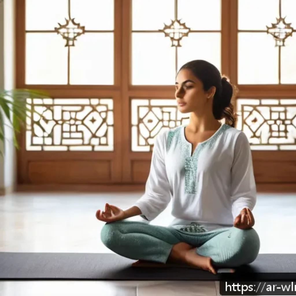 홀리스틱 웰니스 체험 사례 연구 - A serene Middle Eastern woman practicing morning yoga on a traditional Persian rug in a sunlit room ...