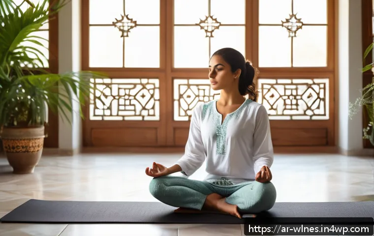 홀리스틱 웰니스 체험 사례 연구 - A serene Middle Eastern woman practicing morning yoga on a traditional Persian rug in a sunlit room ...