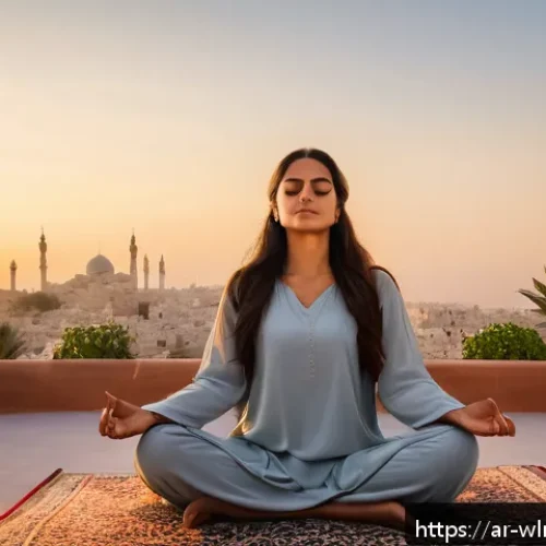 Home 30 홀리스틱 건강 관리의 필요성 - A serene Middle Eastern woman practicing meditation at sunrise on a rooftop terrace overlooking an a...