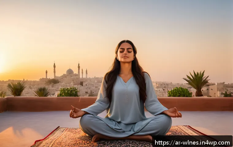 홀리스틱 건강 관리의 필요성 - A serene Middle Eastern woman practicing meditation at sunrise on a rooftop terrace overlooking an a...