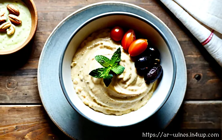 자연 재료를 활용한 건강 레시피 - Photorealistic overhead kitchen scene of a wholesome Middle Eastern breakfast made with natural ingr...